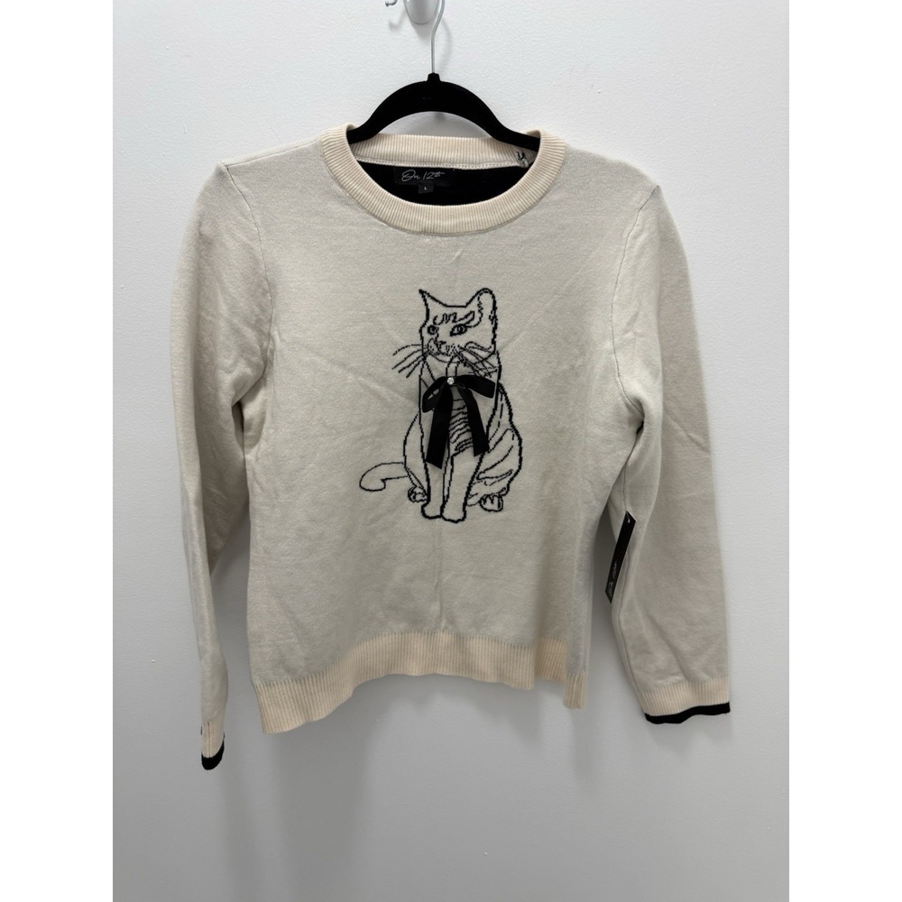 On‎ 12th Cream Cat Graphic Sweater Size Large Bow Detail Knit Top Viscose Blend